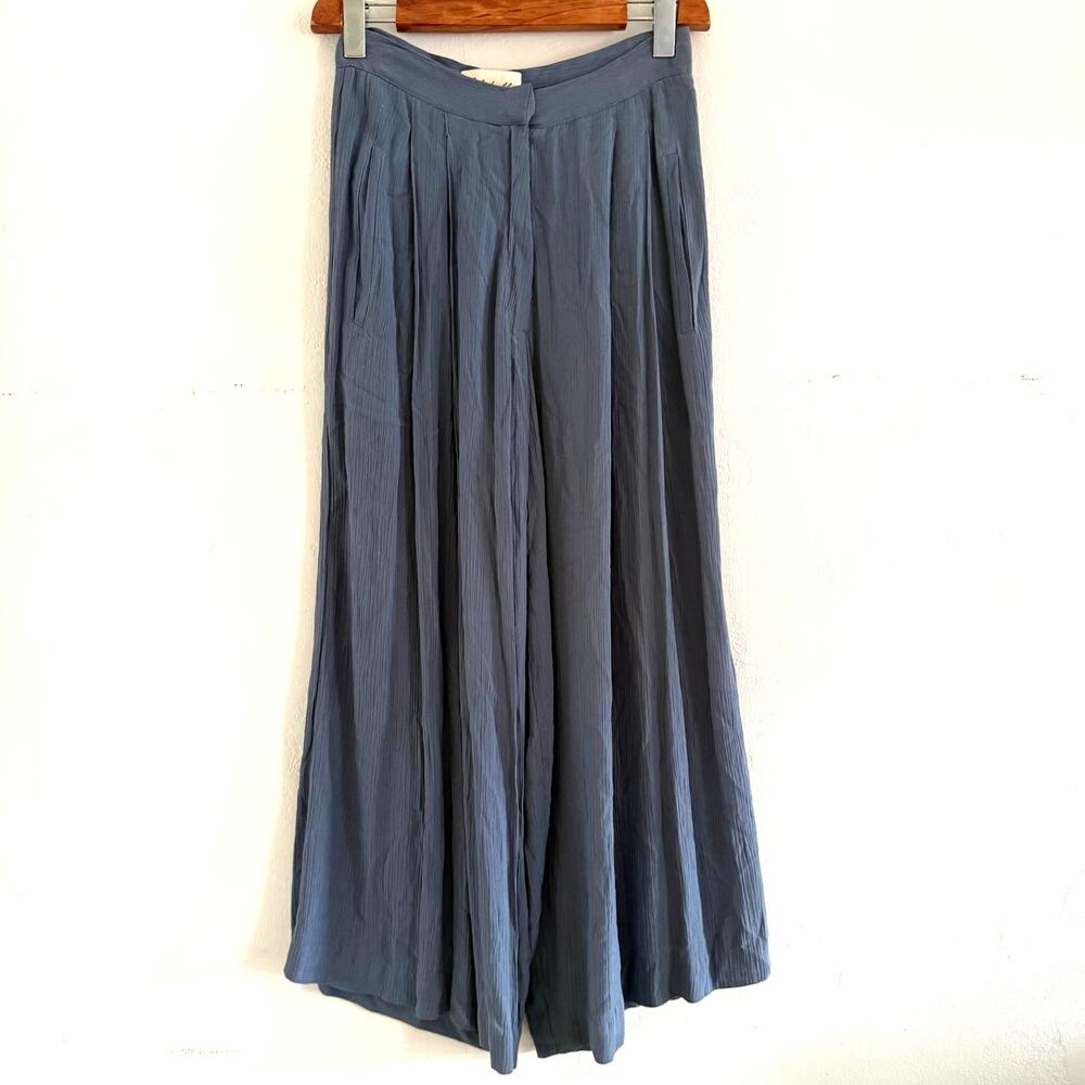 Cleobella Wide Leg Pleat Waist Front Textured Trouser Pant Blue Size Small